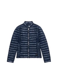 Giacca imbottita blu navy con colletto alto, chiusura con zip e texture trapuntata; presenta maniche lunghe e un design slim fit.