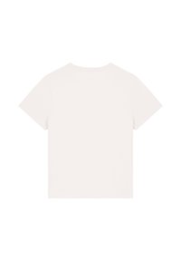 Kurzärmliges T-Shirt mit Rundhalsausschnitt aus elfenbeinfarbener Baumwolle. Glatte Textur, klassischer Schnitt und minimalistisches Design ohne sichtbare Muster oder Akzente.
