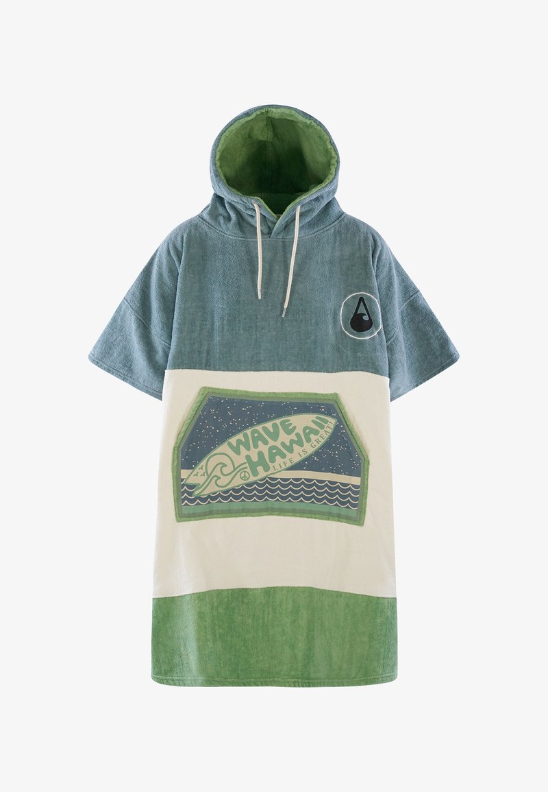 Hooded strandponcho i mjukt frottétyg, med blå och gröna färger, framsidan prydd med texten "WAVE HAWAII" och vita dragsko.