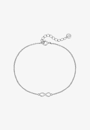 Silberne Kettenarmband mit einem Unendlichkeitssymbol als Mittelstück. Die Kette ist zart mit einer strukturierten Oberfläche und verfügt über einen verstellbaren Verschluss.
