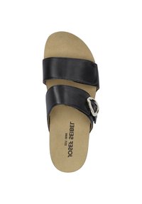 Sorte lædersandaler med slidestropper, to brede stropper, metallisk spænde detaljer og en polstret beige indersål. Flad sål med minimal træd.