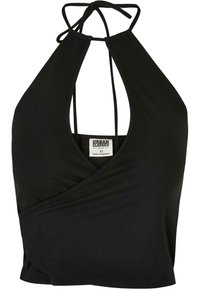 Czarny crop top na halter z miękkiego materiału, z głębokim dekoltem w serek, designem owijanym oraz regulowanymi ramiączkami dla dopasowanego fasonu.