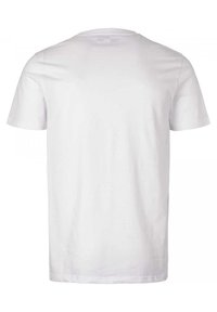 Jednoduché bílé tričko s krátkým rukávem z bavlny, zobrazené zezadu, s kulatým výstřihem a bez viditelných log nebo vzorů.