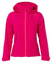 Giacca a vento donna rosa brillante con zip frontale, due tasche laterali con zip, polsini regolabili e logo del marchio sulla spalla destra.