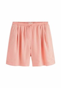 Shorts roses amples avec taille élastique, cordon à l'avant, poches latérales et plis subtils sur le dessus.