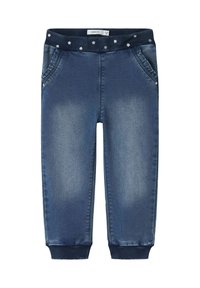 Joggers de denim con un lavado azul oscuro, que presentan una cinturilla acanalada con detalles florales y dos bolsillos frontales. Textura suave y piernas ajustadas.