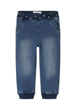 Denim joggers met een donkerblauwe wassing, voorzien van een geribde tailleband met bloemaccenten en twee voorzakken. Zacht van textuur en taps toelopende pijpen.