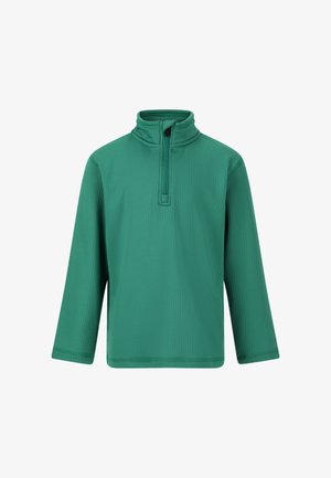 Grüner Pullover aus texturiertem Stoff. Mit hohem Kragen und einem kurzen Reißverschluss am Hals. Lange Ärmel und gerades Saumdesign.