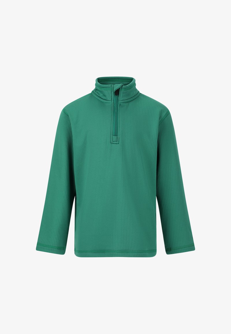 Grüner Pullover aus texturiertem Stoff. Mit hohem Kragen und einem kurzen Reißverschluss am Hals. Lange Ärmel und gerades Saumdesign.