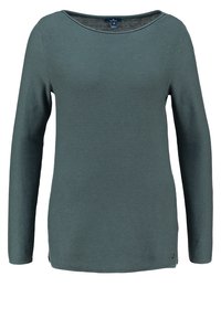 Trui met lange mouwen van gestructureerde donkergroene stof. Heeft een brede boothals en een rechte snit. Opvallend geribbelde structuur.