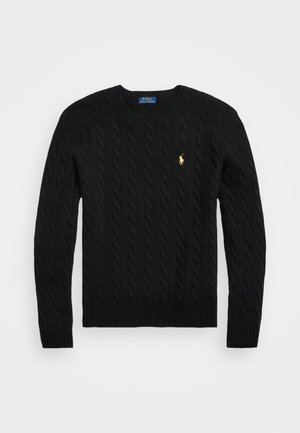 Schwarzer Strickpullover mit Rundhalsausschnitt und langen Ärmeln sowie kleinem gelbem Polo Ralph Lauren-Logo auf der Brust.