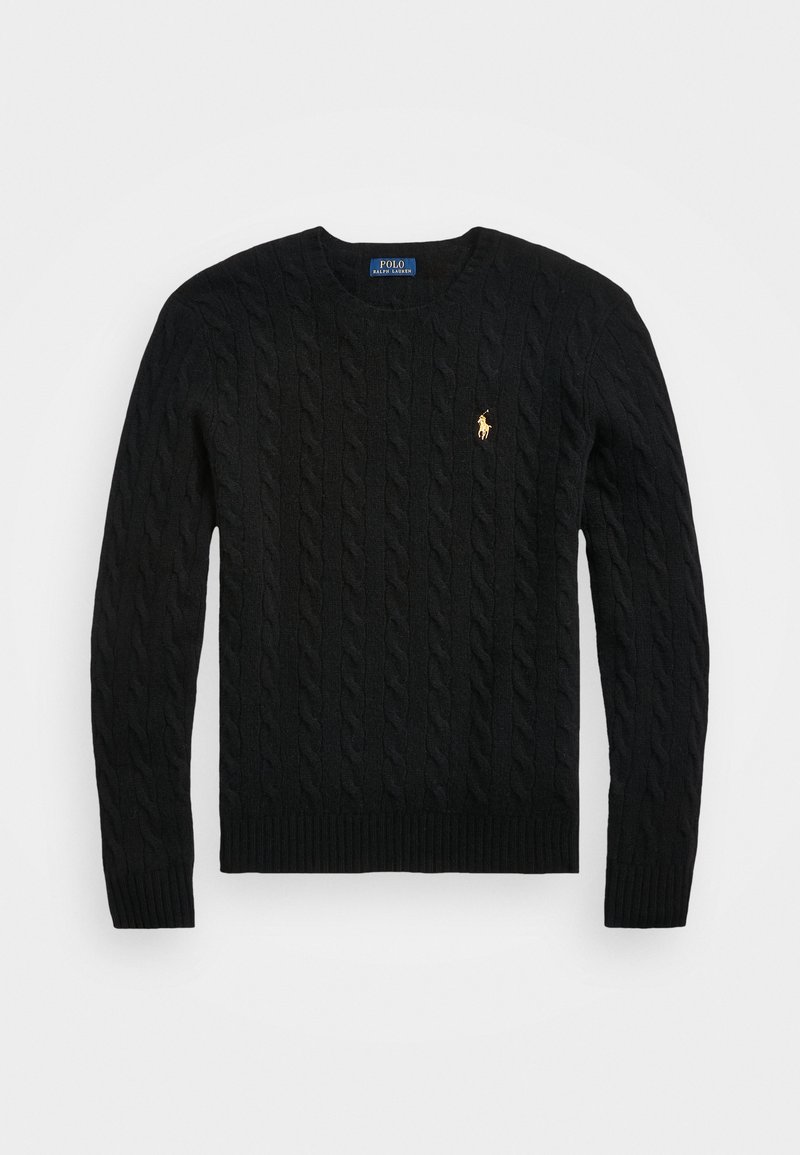 Pull noir en maille torsadée avec col rond, manches longues et petit logo jaune Polo Ralph Lauren sur la poitrine.