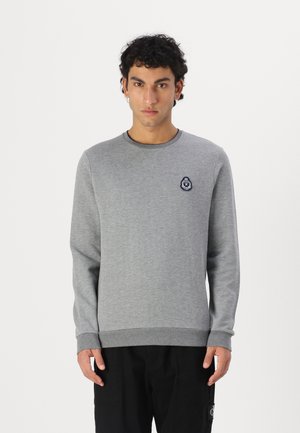 Gray sweatshirt with long sleeves, rounded neckline, and ribbed cuffs. Features a navy embroidered patch on the chest. Fabric appears soft.