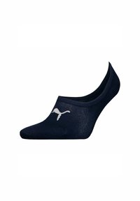 Marineblaue No-Show-Socke mit weißem Puma-Logo in der Nähe der Zehen, leicht und im niedrigen Schnitt.