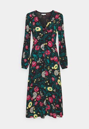 Robe midi noire à manches longues avec motif floral coloré, col en V et boutons sur le devant.