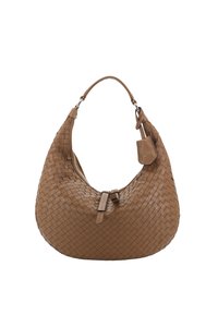 Brown woven leather hobo bag with a single strap, curved shape, zipper closure, and a small leather tag accent.