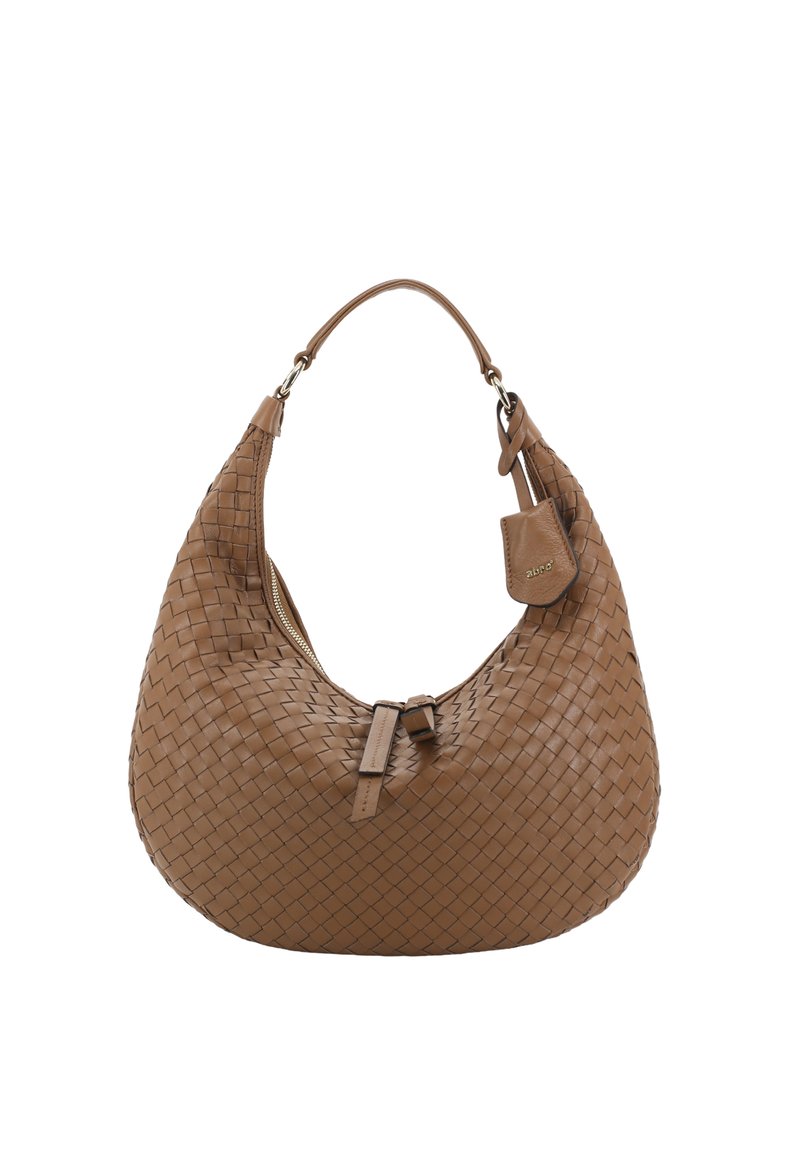 Brown woven leather hobo bag with a single strap, curved shape, zipper closure, and a small leather tag accent.