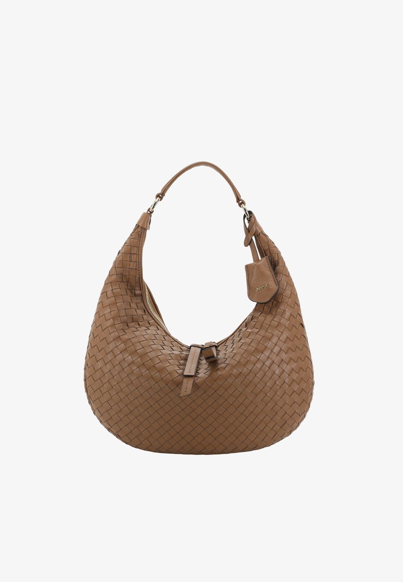 Brown woven leather hobo bag with a single strap, curved shape, zipper closure, and a small leather tag accent.