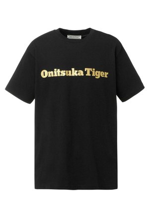 Czarny t-shirt z krótkimi rękawami z złotym napisem „Onitsuka Tiger” na środku klatki piersiowej, z okrągłym dekoltem.