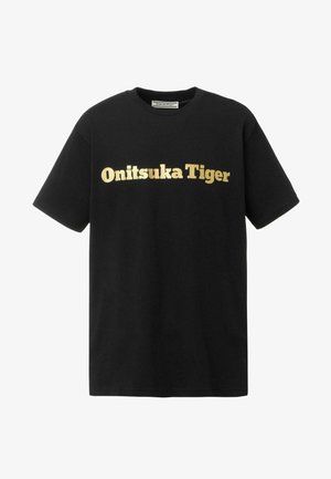 T-shirt noir à manches courtes avec le texte doré « Onitsuka Tiger » centré sur la poitrine, avec un col rond.
