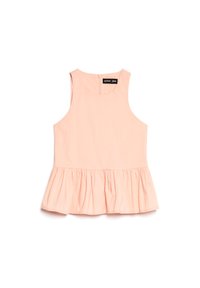 Blusa pêssego sem mangas com decote redondo e bainha peplum franzida, apresentando um fecho de correr nas costas e etiqueta "sister jane".
