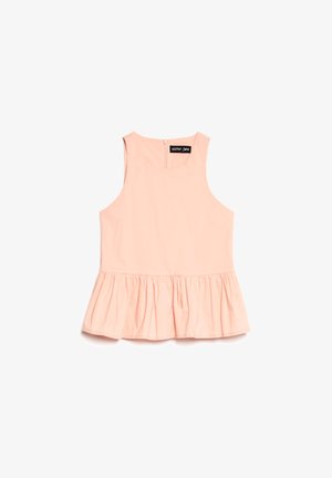 Ærmeløs ferskenfarvet bluse med rund halsudskæring og samlede peplum kant, der har en lynlås i ryggen og "sister jane" label.