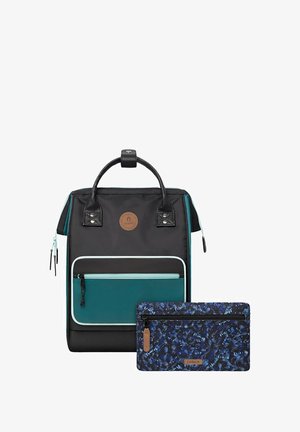 Black and teal backpack with turquoise accents, a top handle, front zipper pockets, and a detachable patterned blue pouch.