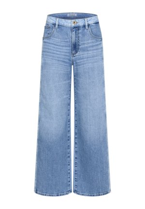 Hellblaue Jeans mit weitem Bein, Vordertaschen, Gürtelschlaufen und Knopf- sowie Reißverschluss.