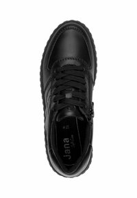 Baskets en cuir noir avec lacets, fermeture éclair sur le côté et semelle texturée, vues de dessus, étiquetées "Jana Softline" à l'intérieur.