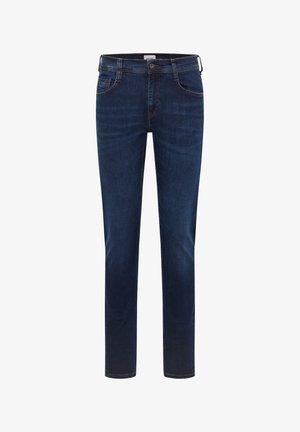 Sötétkék farmernadrág, slim fit fazonnal, közepes derékkal, öt zsebes kialakítással és kontrasztos varrási részletekkel.