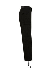 Pantalons cargo noirs avec une silhouette droite, dotés de plusieurs poches latérales et d'ourlets à cordons ajustables pour un ajustement personnalisable.