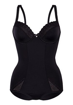Black bodysuit with padded cups, lace accents at the neckline and sides, adjustable straps, and a small heart detail at the center front.