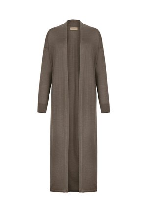 Lång öppen brun cardigan med långa ärmar och en avslappnad passform, tillverkad av lätt stickad tyg.