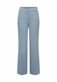 Pantalons bleu clair à jambe droite en tissu lisse, avec une poche avant unique et une fermeture par bouton à la taille.