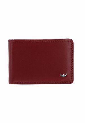 Red leather bi-fold wallet with visible stitching and a small silver emblem on the lower right corner.