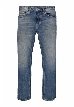Hellblaue Jeans mit geradem Schnitt, fünf Taschen, subtilen Verwaschungen und einem Knopfverschluss am Bund.