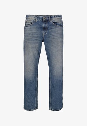 Hellblaue Jeans mit geradem Schnitt, fünf Taschen, subtilen Verwaschungen und einem Knopfverschluss am Bund.