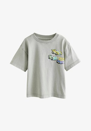 T-shirt en coton gris à manches courtes, avec un graphique coloré de voitures de course et le texte "READY STEADY GO" sur le devant.