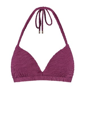 Top bikini color viola a triangolo con tessuto strutturato, sottili spalline allacciate al collo e una fascia arricciata sotto le coppe.