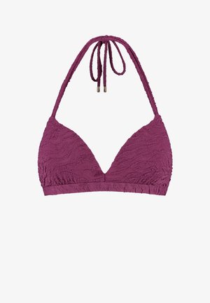 Lila Bikini-Oberteil in Dreieckform mit strukturiertem Stoff, dünnen Neckholder-Trägern zum Binden am Hals und einem gerafften Band unter den Cups.