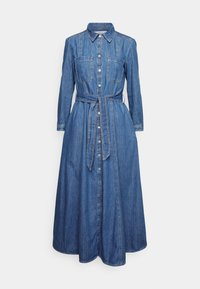 Denim shirt dress with long sleeves, button-down front, two chest pockets, waist tie, and a flowing skirt in a medium blue wash.