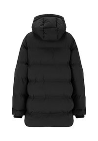 Sort puffjakke med hætte, der har et quiltet mønster og elastiske manchetter. Stoffet ser glat og isoleret ud for at holde varmen.
