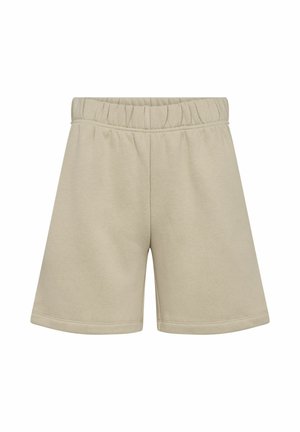 Béžové šortky s elastickým pásom, voľným strihom a dĺžkou po kolená, vyrobené z mäkkej, ľahkej textílie.