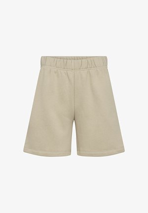 Beige Shorts mit elastischem Bund, lockerer Passform und knielangem Schnitt, aus weichem, leichtem Stoff gefertigt.