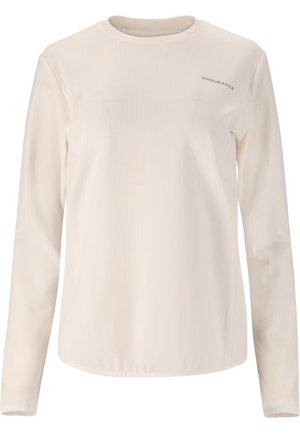 Langärmliges Shirt aus leicht beige Stoff, mit Rundhalsausschnitt und dezentem 'ENDURANCE'-Logo auf der oberen linken Seite. Glatte Textur.