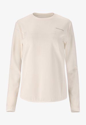 Langærmet skjorte i lys beige stof, med rund halsudskæring og et subtilt 'ENDURANCE'-logo på øverste venstre side. Glat tekstur.
