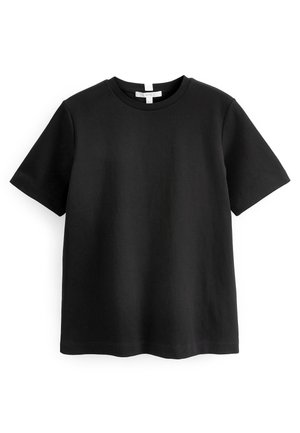 Must have musta lühikese varrukaga T-särk, mis on valmistatud siledast puuvillast, ümara kaelusega ja sirge alläärega. Lihtne, minimalistik disain ilma mustriteta.