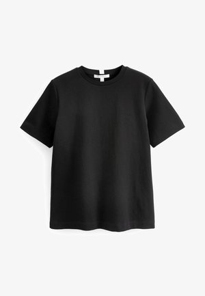 Tricou negru cu mânecă scurtă, confecționat din bumbac neted, cu guler rotund și tiv drept. Design simplu, minimalist, fără modele.
