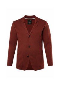 Červeno-hnědý blazer vyrobený z texturované látky, s klopovým límcem, třemi knoflíky a dvěma předními kapsami. Jednoduchý, moderní design.