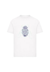 White cotton t-shirt featuring a graphic of a beetle filled with text in purple and green. Short sleeves, classic fit, rounded neckline.